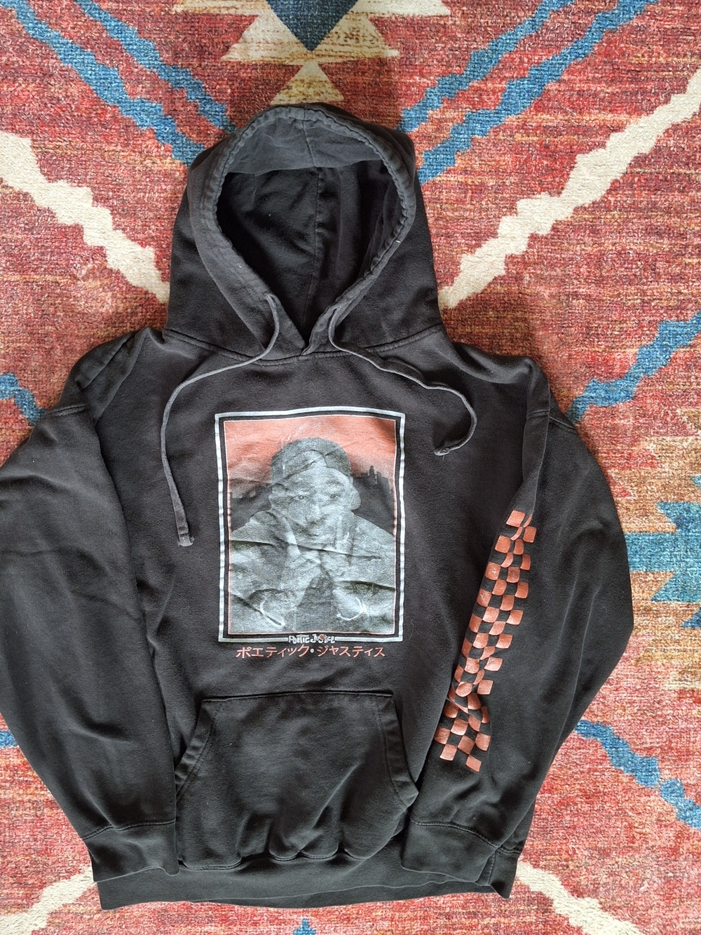 Tupac Poetic Justice Black Hoodie with Red Graphic and Sleeve Check